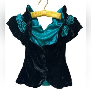 Vintage Crushed Velvet Structured vest Teal &Satin Flower detailing and lining